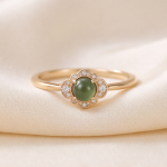 Round Jade Cabochon Ring with Scalloped Cubic Zirconia Halo in Gold Tone - Image 9