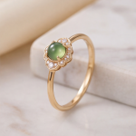 Round Jade Cabochon Ring with Scalloped Cubic Zirconia Halo in Gold Tone - Image 7