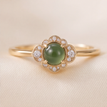 Round Jade Cabochon Ring with Scalloped Cubic Zirconia Halo in Gold Tone - Image 5