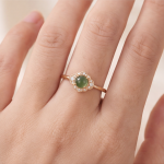 Round Jade Cabochon Ring with Scalloped Cubic Zirconia Halo in Gold Tone - Image 2