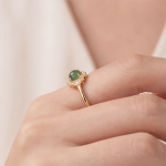 Round Jade Cabochon Ring with Scalloped Cubic Zirconia Halo in Gold Tone - Image 6