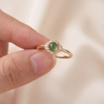 Round Jade Cabochon Ring with Scalloped Cubic Zirconia Halo in Gold Tone - Image 4