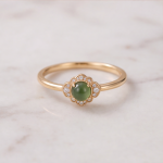 Round Jade Cabochon Ring with Scalloped Cubic Zirconia Halo in Gold Tone - Image 3