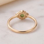 Round Jade Cabochon Ring with Scalloped Cubic Zirconia Halo in Gold Tone - Image 8
