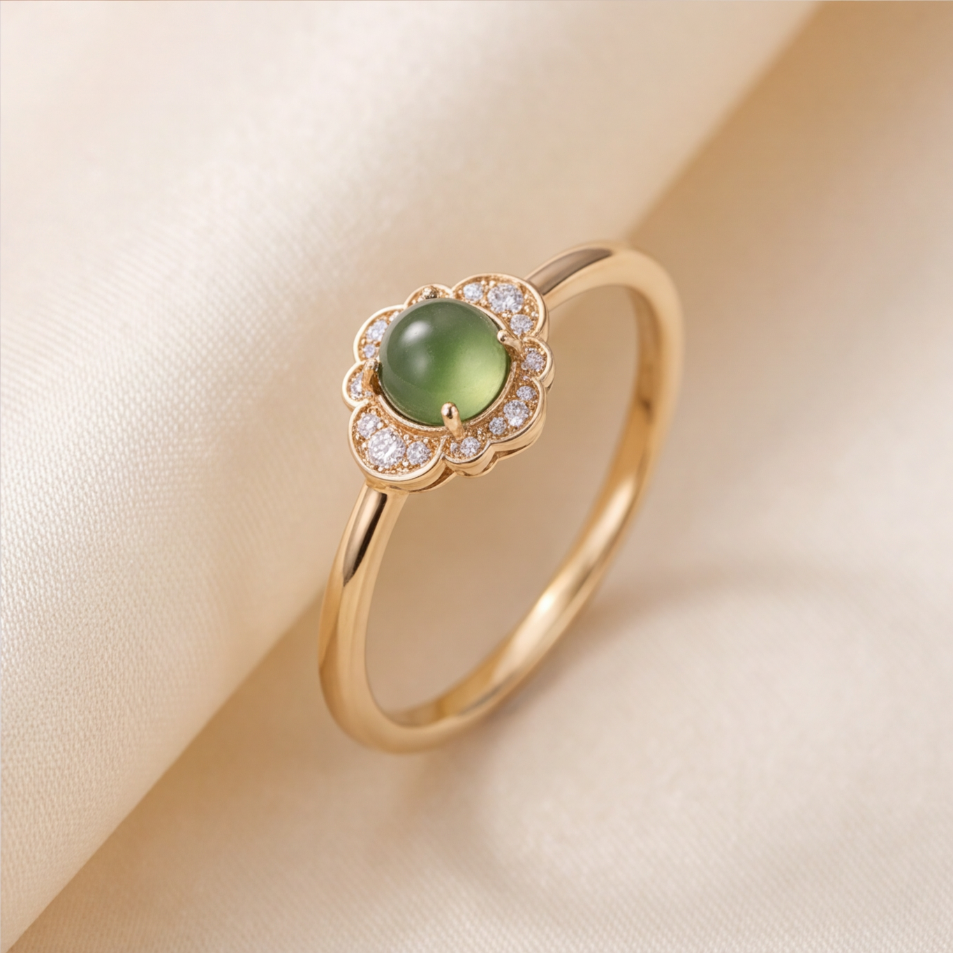 1786348495_09d890d2-9 Round Jade Cabochon Ring with Scalloped Cubic Zirconia Halo in Gold Tone - Image 1