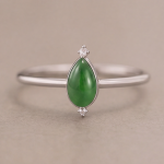 Pear-Shaped Jade Cabochon Ring in Rhodium-Plated Sterling Silver