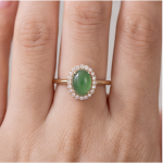 Large Oval Jade Cabochon Halo Ring with Split Shank in Gold Tone - Image 2