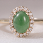 Large Oval Jade Cabochon Halo Ring with Split Shank in Gold Tone - Image 3