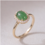 Large Oval Jade Cabochon Halo Ring with Split Shank in Gold Tone