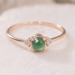 Round Jade Cabochon Ring with Cubic Zirconia Clusters in Rose Gold Tone - Image 7