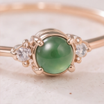 Round Jade Cabochon Ring with Cubic Zirconia Clusters in Rose Gold Tone - Image 4
