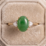 Oval Jade Three-Stone Ring with Trillion Cubic Zirconia in Yellow Gold Tone - Image 3