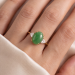 Oval Jade Three-Stone Ring with Trillion Cubic Zirconia in Yellow Gold Tone - Image 5