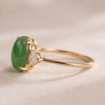 Oval Jade Three-Stone Ring with Trillion Cubic Zirconia in Yellow Gold Tone - Image 4