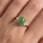 Oval Jade Three-Stone Ring with Trillion Cubic Zirconia in Yellow Gold Tone - Image 8