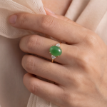 Oval Jade Three-Stone Ring with Trillion Cubic Zirconia in Yellow Gold Tone - Image 2