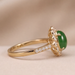 Oval Jade Cluster Ring with Scalloped Halo and Pave Band in Gold Tone - Image 3