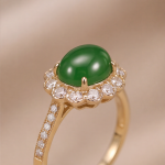 Oval Jade Cluster Ring with Scalloped Halo and Pave Band in Gold Tone - Image 4