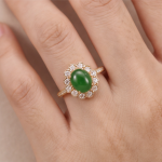 Oval Jade Cluster Ring with Scalloped Halo and Pave Band in Gold Tone - Image 5