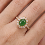 Oval Jade Cluster Ring with Scalloped Halo and Pave Band in Gold Tone - Image 2