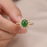 Oval Jade Cluster Ring with Scalloped Halo and Pave Band in Gold Tone - Image 7