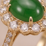Oval Jade Cluster Ring with Scalloped Halo and Pave Band in Gold Tone - Image 9