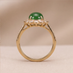 Oval Jade Cluster Ring with Scalloped Halo and Pave Band in Gold Tone - Image 6