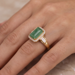 Emerald-Cut Jade Halo Ring with Baguette Shoulders in Yellow Gold Tone - Image 6