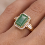 Emerald-Cut Jade Halo Ring with Baguette Shoulders in Yellow Gold Tone - Image 2