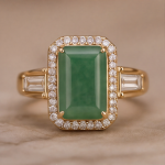 Emerald-Cut Jade Halo Ring with Baguette Shoulders in Yellow Gold Tone - Image 8