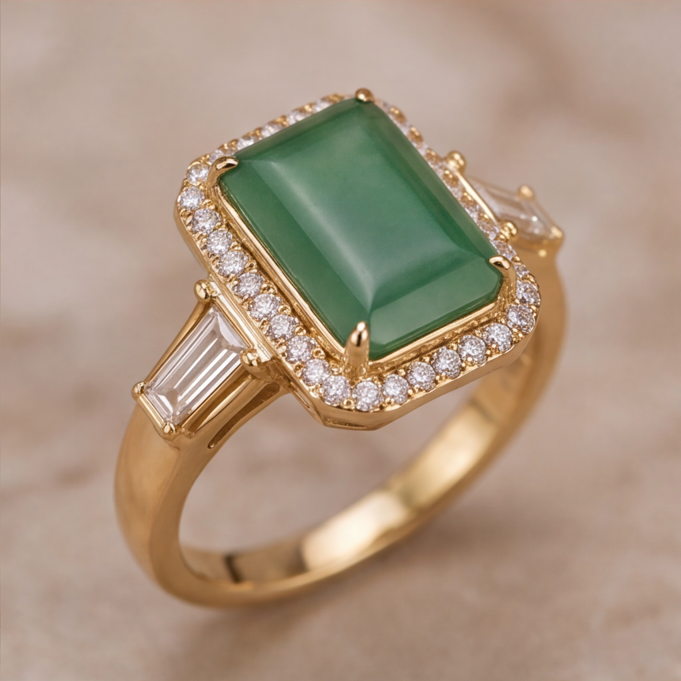 1786349197_a23182e6-6 Emerald-Cut Jade Halo Ring with Baguette Shoulders in Yellow Gold Tone - Image 1