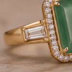 Emerald-Cut Jade Halo Ring with Baguette Shoulders in Yellow Gold Tone - Image 5
