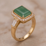 Emerald-Cut Jade Halo Ring with Baguette Shoulders in Yellow Gold Tone - Image 3