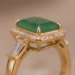 Emerald-Cut Jade Halo Ring with Baguette Shoulders in Yellow Gold Tone - Image 4