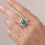 Oval Jade Double Halo Ring in Rhodium-Plated Sterling Silver - 图片 4