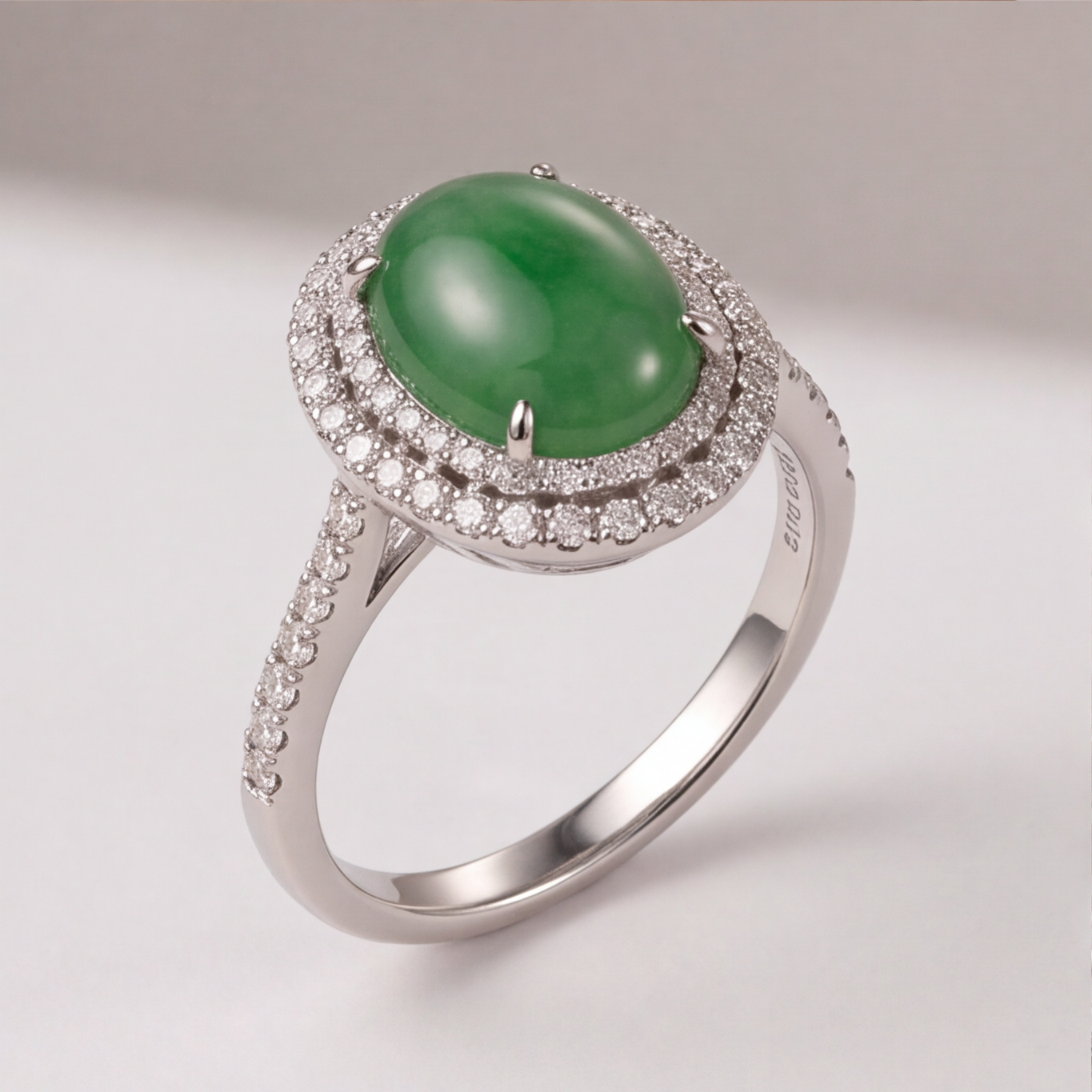 1786349215_596c4927-7 Oval Jade Double Halo Ring in Rhodium-Plated Sterling Silver - 图片 1