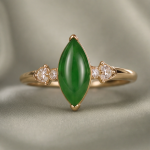 Marquise Jade Cabochon Ring with Cubic Zirconia Shoulders in Gold Tone - Image 3