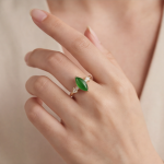 Marquise Jade Cabochon Ring with Cubic Zirconia Shoulders in Gold Tone - Image 6