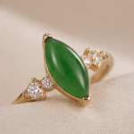 Marquise Jade Cabochon Ring with Cubic Zirconia Shoulders in Gold Tone - Image 5