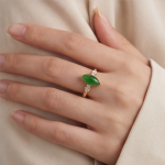 Marquise Jade Cabochon Ring with Cubic Zirconia Shoulders in Gold Tone - Image 2