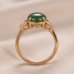 Oval Jade Ring with Cubic Zirconia Flower Clusters in Yellow Gold Tone - Image 7