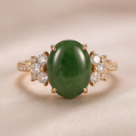 Oval Jade Ring with Cubic Zirconia Flower Clusters in Yellow Gold Tone
