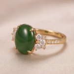 Oval Jade Ring with Cubic Zirconia Flower Clusters in Yellow Gold Tone - Image 4