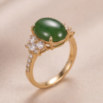 Oval Jade Ring with Cubic Zirconia Flower Clusters in Yellow Gold Tone - Image 3