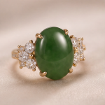 Oval Jade Ring with Cubic Zirconia Flower Clusters in Yellow Gold Tone - Image 6