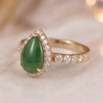 Pear-Shaped Jade Halo Ring with Pave Band in Yellow Gold Tone - Image 6