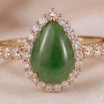 Pear-Shaped Jade Halo Ring with Pave Band in Yellow Gold Tone - Image 4