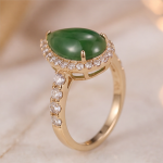 Pear-Shaped Jade Halo Ring with Pave Band in Yellow Gold Tone - Image 3