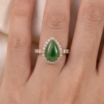 Pear-Shaped Jade Halo Ring with Pave Band in Yellow Gold Tone - Image 2