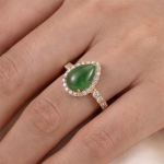 Pear-Shaped Jade Halo Ring with Pave Band in Yellow Gold Tone - Image 5